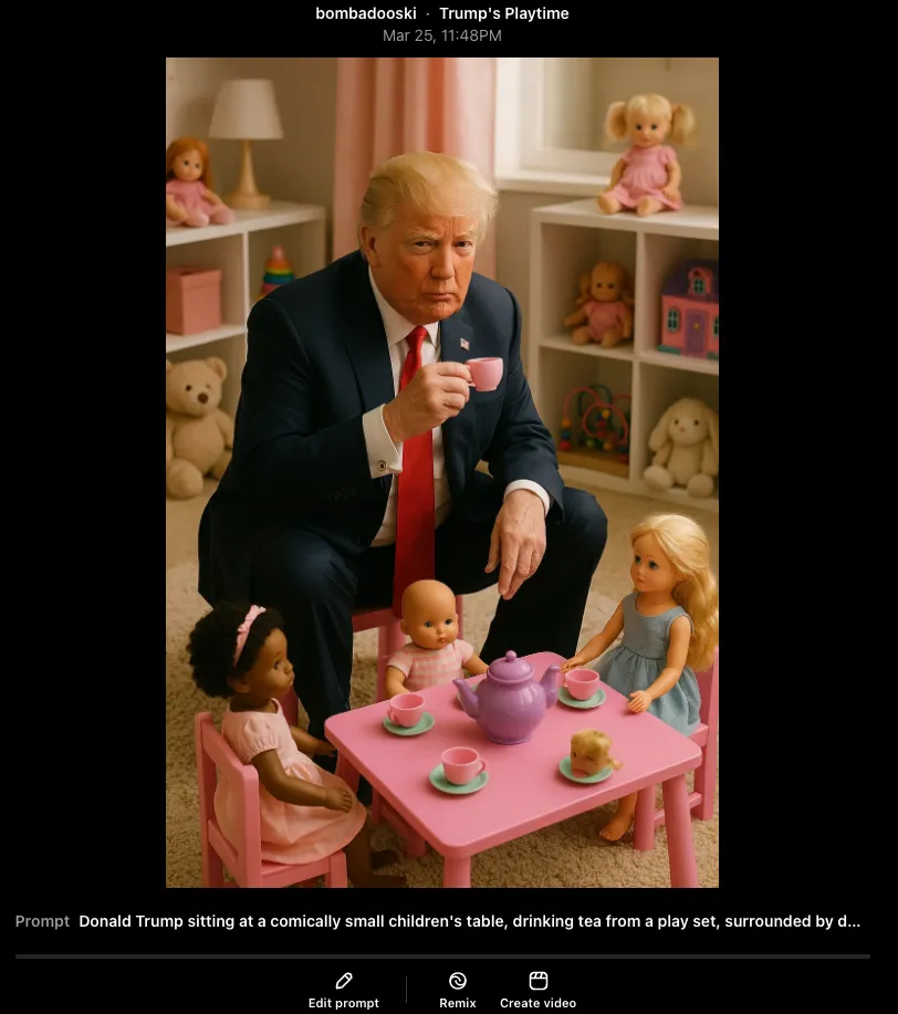 Donald Trump sitting at a comically small children's table, drinking tea from a play set, surrounded by dolls and girl's toys, as if he was in a toddler girl's play room.