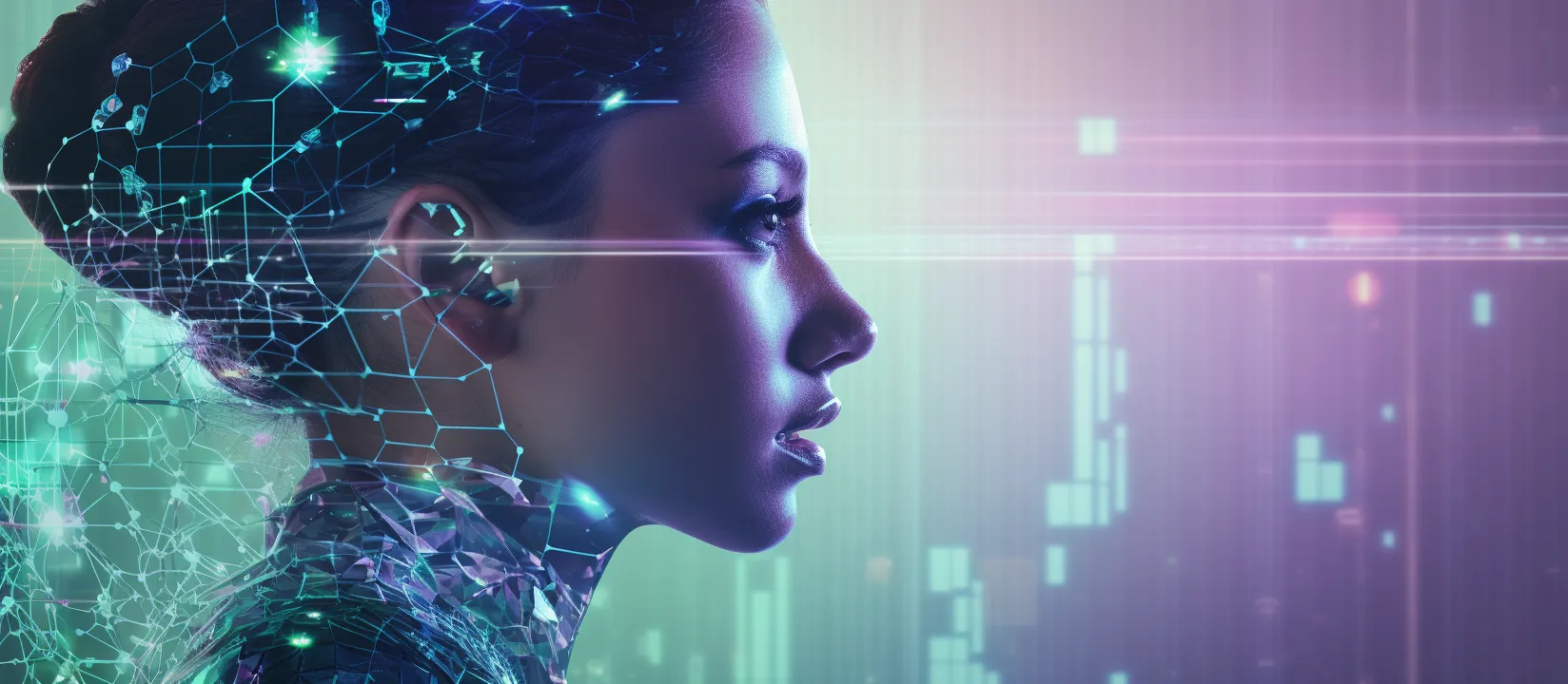 Prompt “futuristic header for an article about generative KI and its usage, holography, green and purple hues, --ar 16:7”. Fotokreditt Techlab