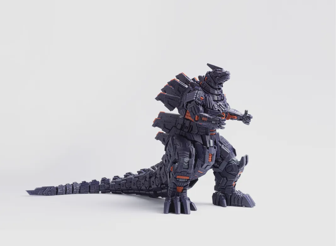 Kaiju fra ToyMaker3d85 x 26 x 42 cm, 1.6 kg.70 timer i ren print-tidFotokreditt Bambu Lab